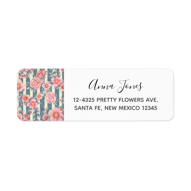 Pink Watercolor Flowers on Stripes Label (Front)