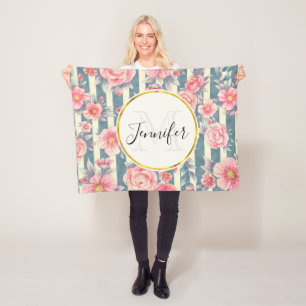 Pink Watercolor Flowers on Stripes Monogram Fleece Blanket