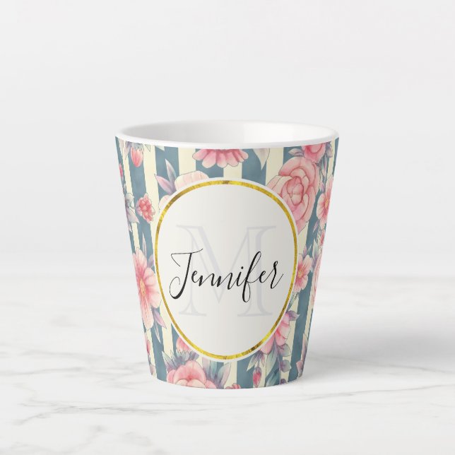 Pink Watercolor Flowers on Stripes Monogram Latte Mug (Front)
