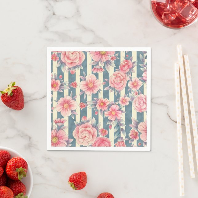 Pink Watercolor Flowers on Stripes Napkin (Insitu)