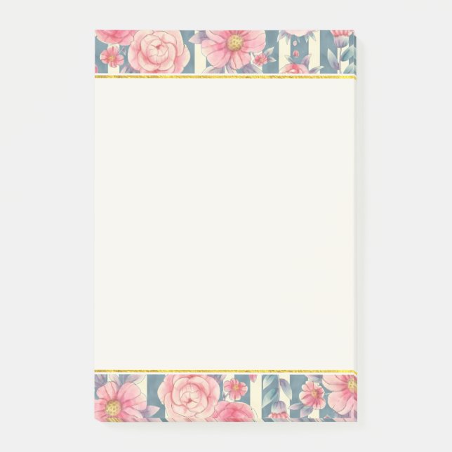 Pink Watercolor Flowers on Stripes Post-it Notes (Front)