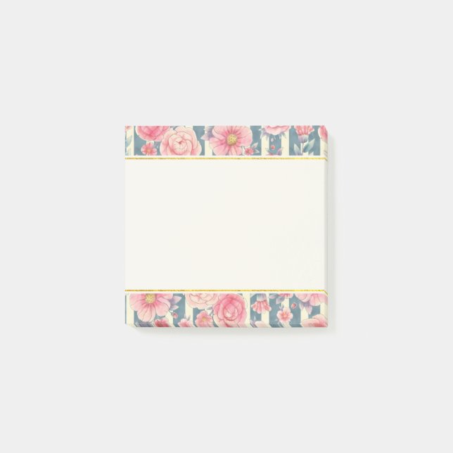 Pink Watercolor Flowers on Stripes Post-it Notes (Front)