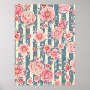 Pink Watercolor Flowers on Stripes Poster
