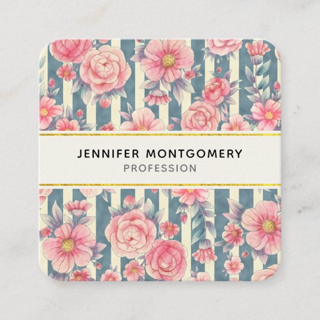Pink Watercolor Flowers on Stripes Square Business Card (Front)