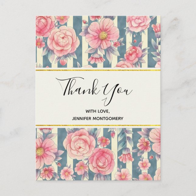 Pink Watercolor Flowers on Stripes Thank You Postcard (Front)
