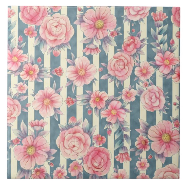 Pink Watercolor Flowers on Stripes Tile (Front)
