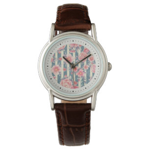 Pink Watercolor Flowers on Stripes Watch