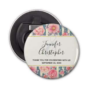 Pink Watercolor Flowers on Stripes Wedding Favour Bottle Opener