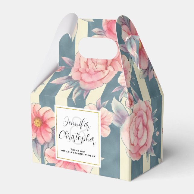 Pink Watercolor Flowers on Stripes Wedding Favour Box (Front Side)