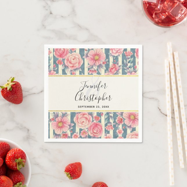 Pink Watercolor Flowers on Stripes Wedding Napkin (Insitu)