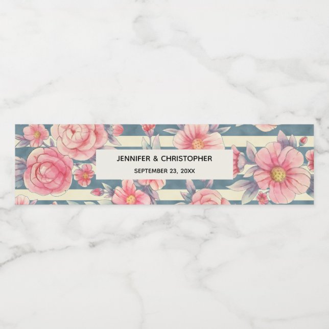 Pink Watercolor Flowers on Stripes Wedding Water Bottle Label (Single Label)