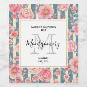 Pink Watercolor Flowers on Stripes Wine Making Label