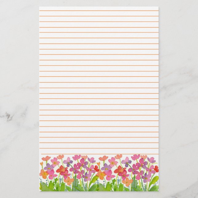 Pink Watercolor Flowers Orange Lined Stationery (Front)