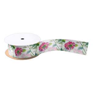 Pink Watercolor Flowers Pattern Satin Ribbon