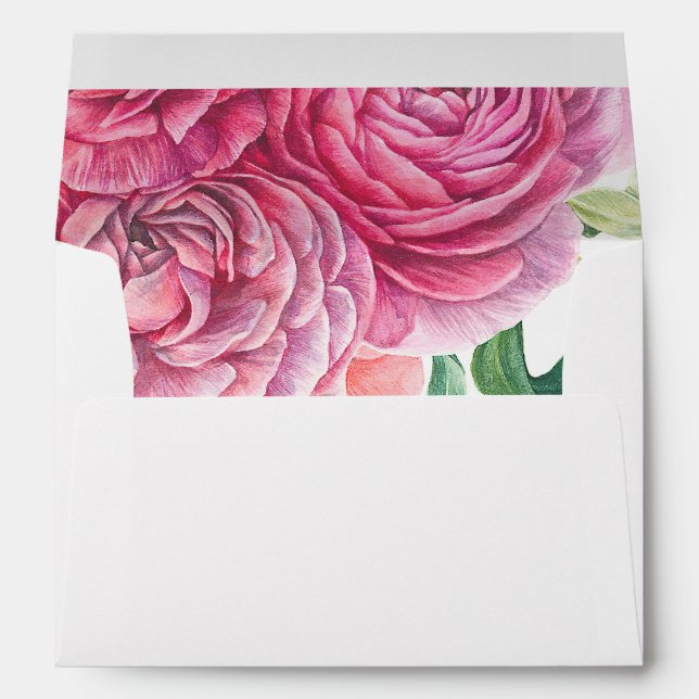Pink Watercolor Flowers Pattern Wedding Envelopes (Back (Bottom))