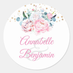 Pink Watercolor Flowers   Peony Wedding Classic Round Sticker