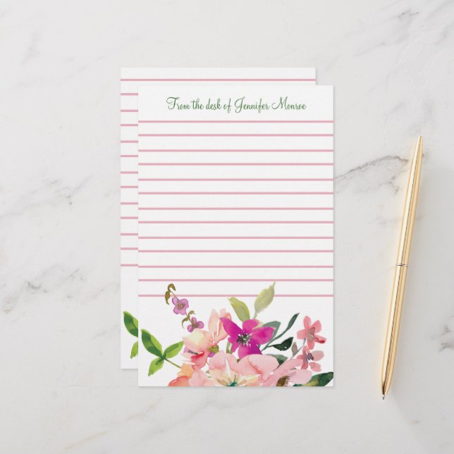 Pink watercolor flowers personalised lined stationery (Front/Back In Situ)