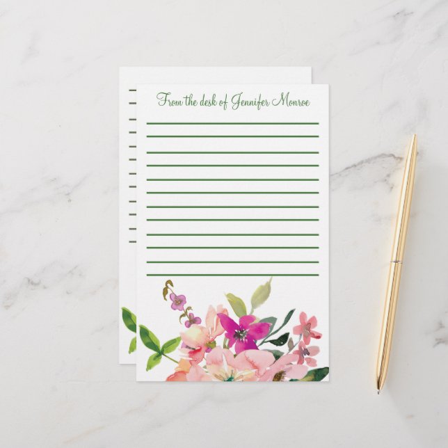 Pink watercolor flowers personalised lined stationery (Front/Back In Situ)