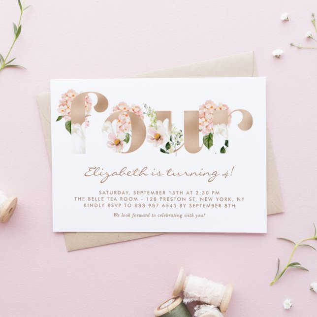 Pink Watercolor Flowers Rose Gold Fourth Birthday Invitation (Creator Uploaded)