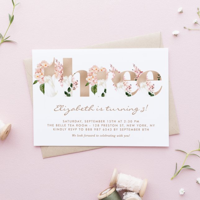 Pink Watercolor Flowers Rose Gold Third Birthday Invitation (Creator Uploaded)