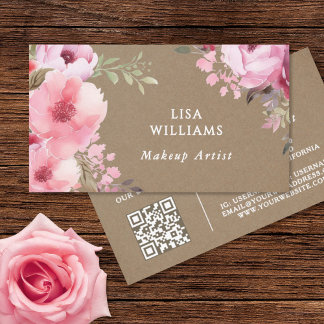 Pink Watercolor Flowers Rustic Makeup Artist Business Card