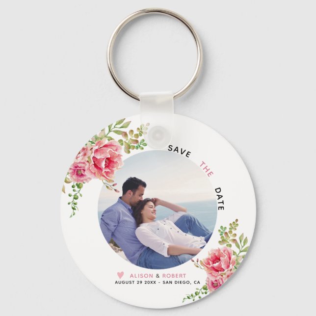 Pink watercolor flowers, sage green leaves,  photo key ring (Front)