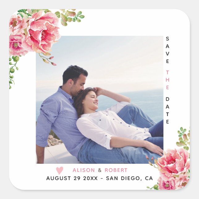 Pink watercolor flowers, sage green leaves,  photo square sticker (Front)