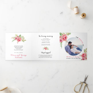 Pink watercolor flowers, sage green leaves,  photo Tri-Fold programme