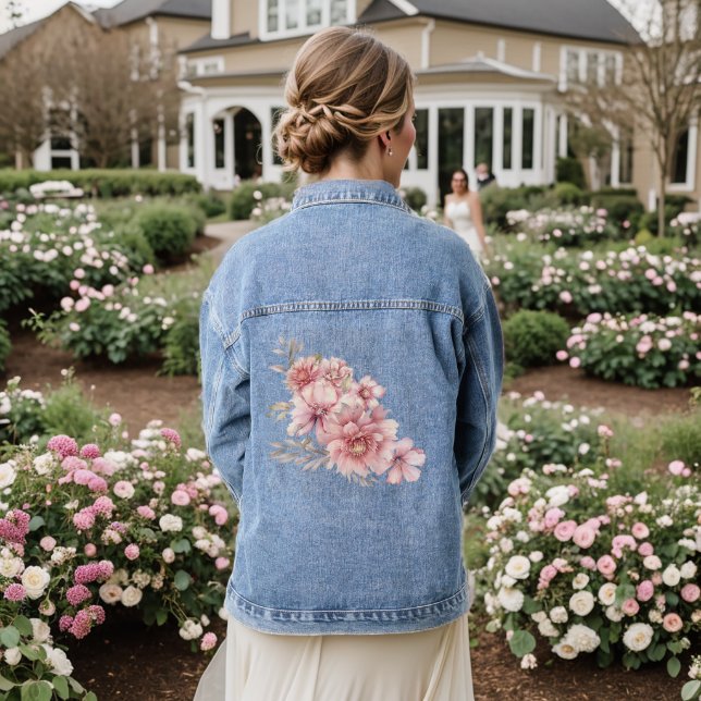 Pink Watercolor Flowers Shiny Glitter Modern Denim Jacket (Wedding Back)