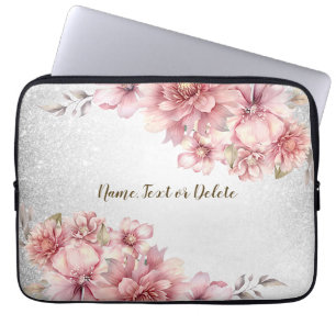 Pink Watercolor Flowers Shiny Glitter Modern Laptop Sleeve