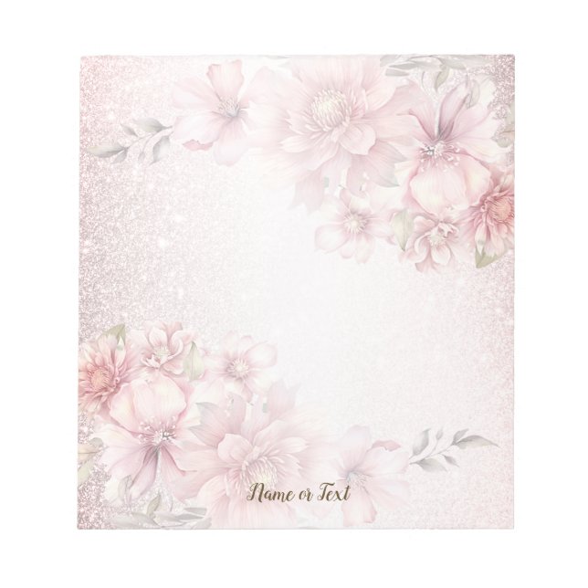 Pink Watercolor Flowers Shiny Glitter Modern Notepad (Front)