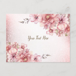 Pink Watercolor Flowers Shiny Glitter Modern Postcard