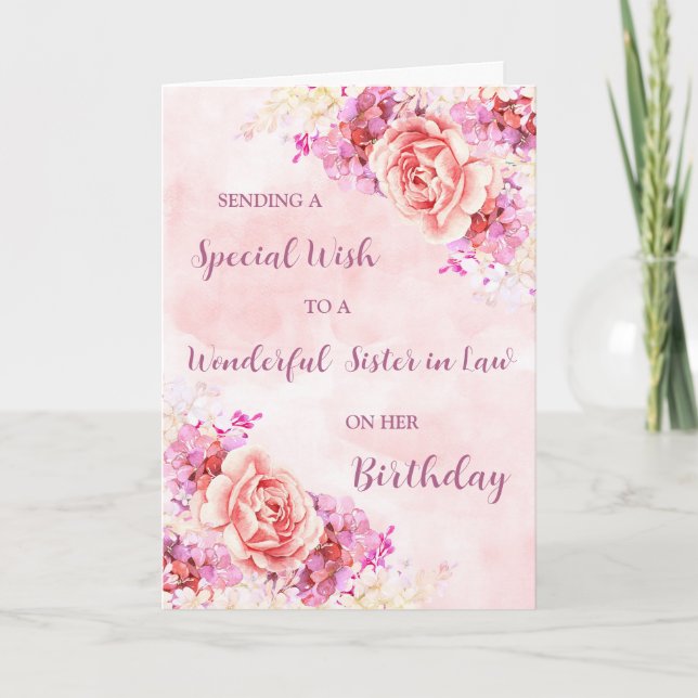 Pink Watercolor Flowers Sister in Law Birthday Card (Front)
