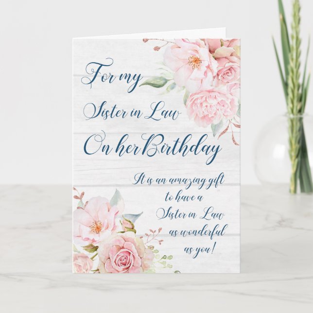 Pink Watercolor Flowers Sister in Law Birthday Card (Front)
