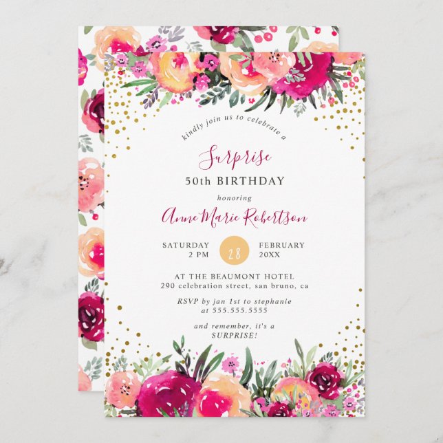 Pink Watercolor Flowers Surprise Birthday Party Invitation (Front/Back)