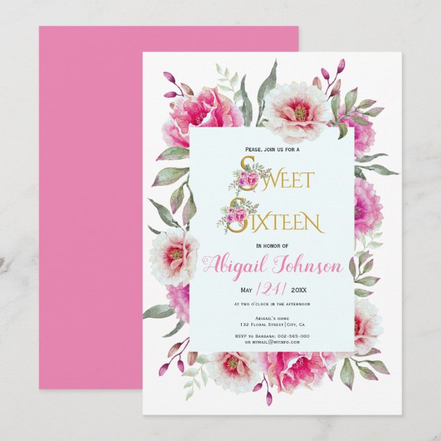 Pink watercolor flowers sweet sixteen birthday invitation (Front/Back)