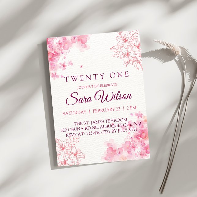 Pink Watercolor Flowers Twenty One Birthday Invitation (Creator Uploaded)