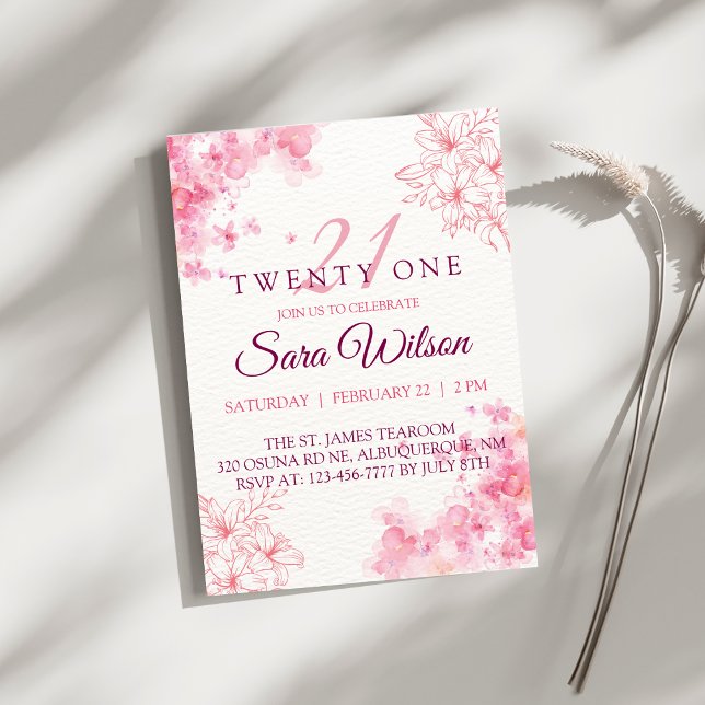 Pink Watercolor Flowers Twenty One Birthday Invitation (Creator Uploaded)