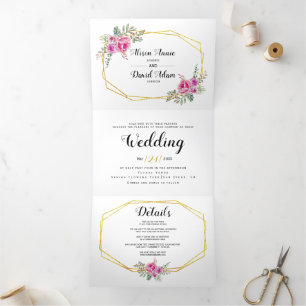Pink watercolor flowers typography floral wedding Tri-Fold invitation