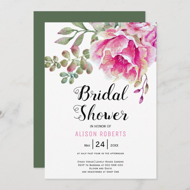 Pink watercolor flowers wedding bridal shower invitation (Front/Back)