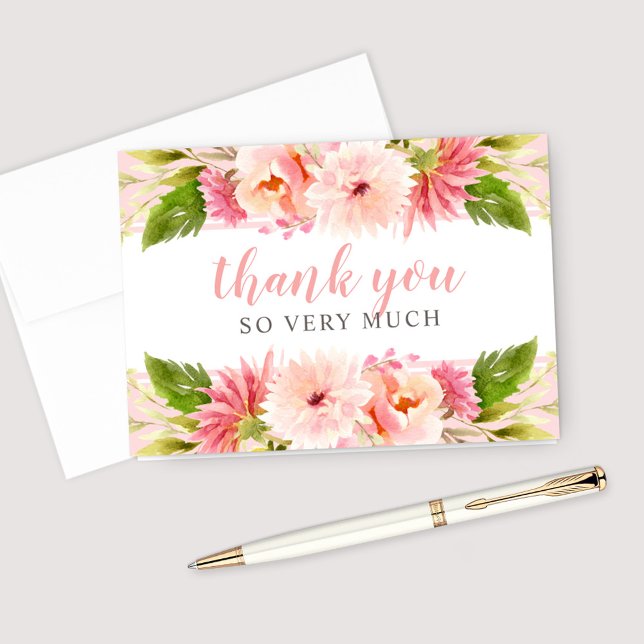 Pink Watercolor Flowers Wedding Bridal Shower Thank You Card (Creator Uploaded)