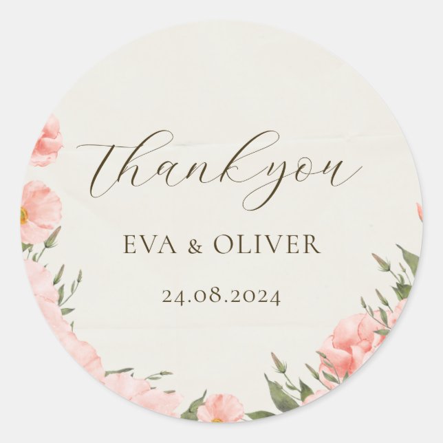Pink Watercolor Flowers Wedding Classic Round Stic Sticker (Front)