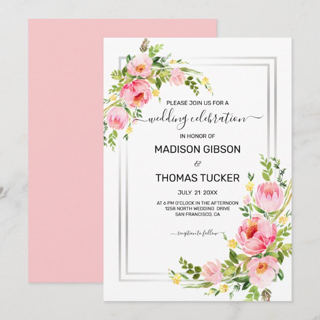 Pink Watercolor Flowers Wedding Invitation (Front/Back)