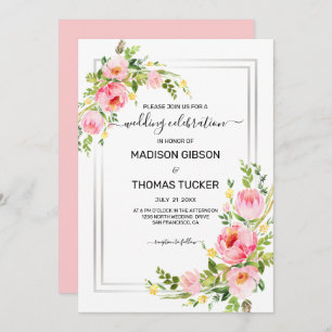 Pink Watercolor Flowers Wedding Invitation