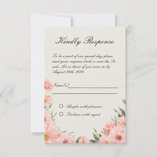 Pink Watercolor Flowers Wedding RSVP Card (Front)