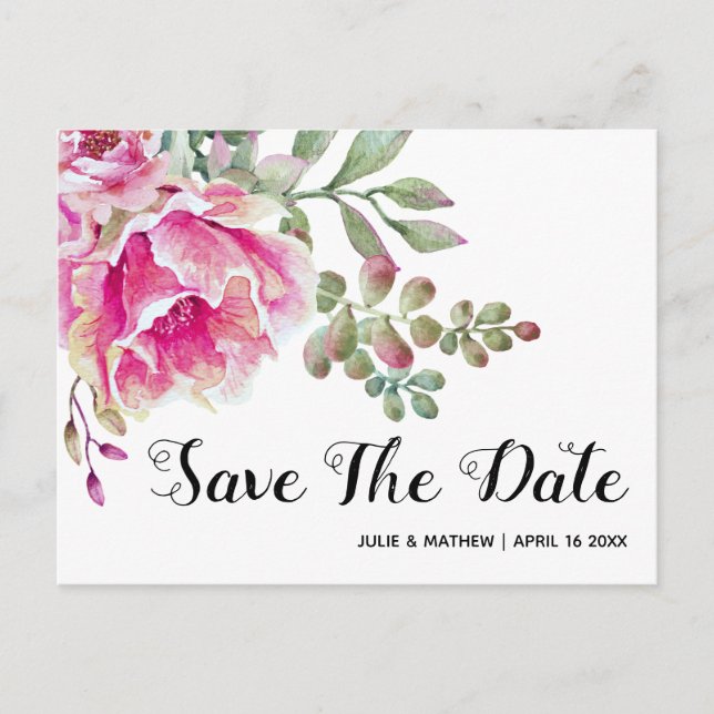 Pink watercolor flowers wedding Save the Date Announcement Postcard (Front)