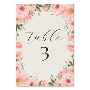 Pink Watercolor Flowers Wedding Table Number