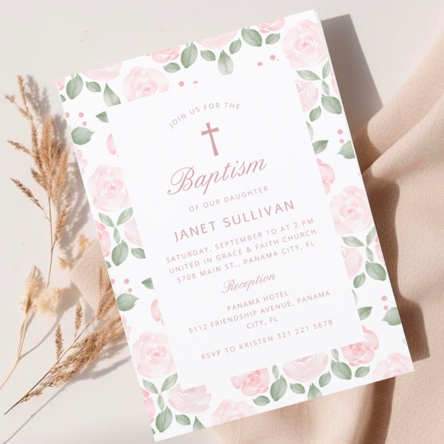Pink Watercolor Flowery Girl Baptism  Invitation (Creator Uploaded)