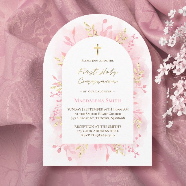 pink watercolor foliage First Holy Communion  Invitation (Creator Uploaded)
