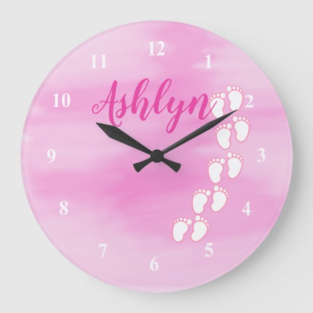 Pink Watercolor Footprint Little Baby Feet Name Large Clock (Front)